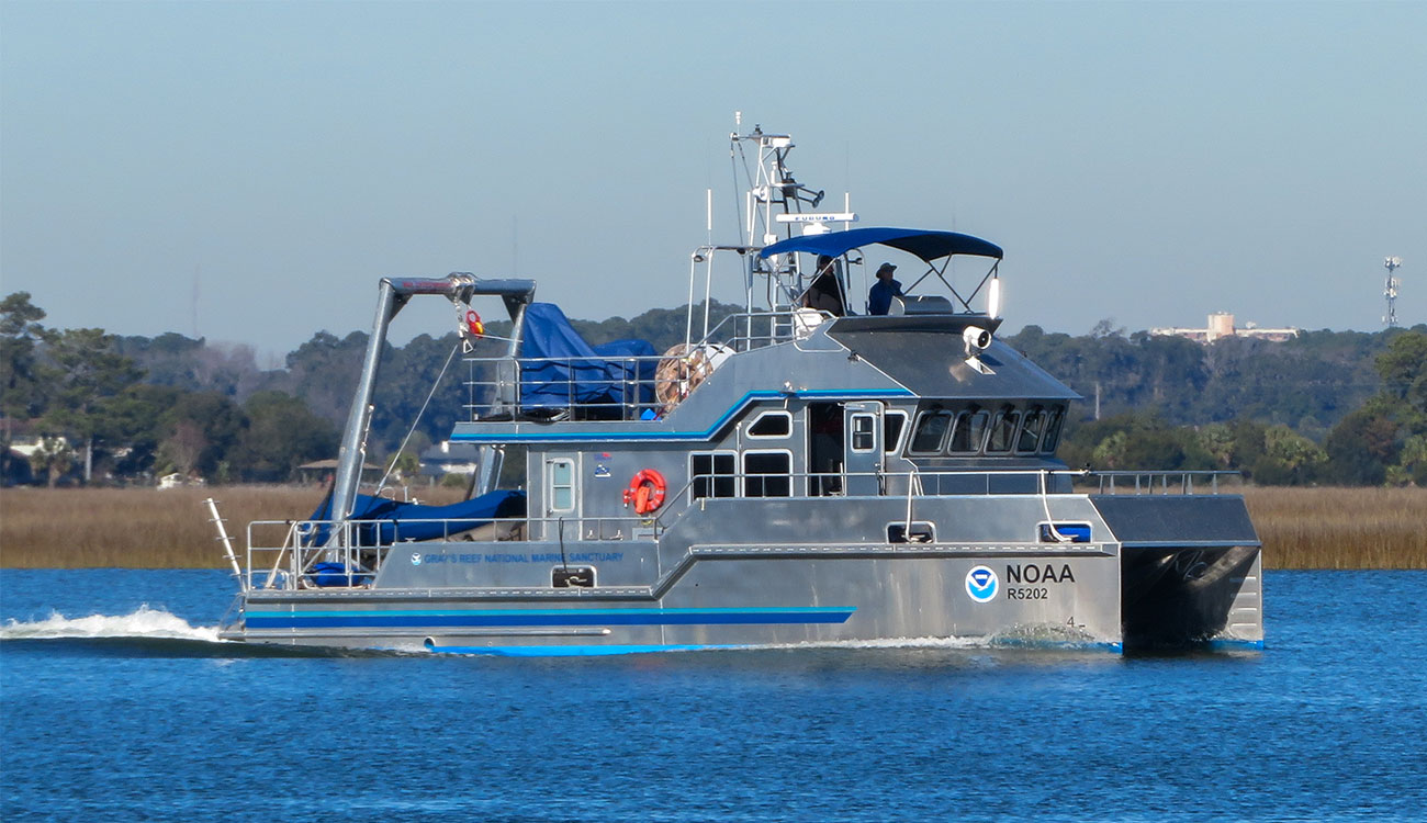 The R/V Gannet, Gray’s Reef Memorial Sanctuary’s new research vessel, sitting on the dock at the Skidaway Institute.