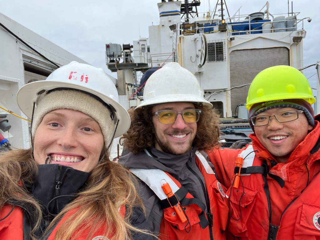 From l-r: Marissa Despins (UCSC), Sheridan and Yipeng He (FIU), on the R/V Roger Revelle in the Southern Ocean.